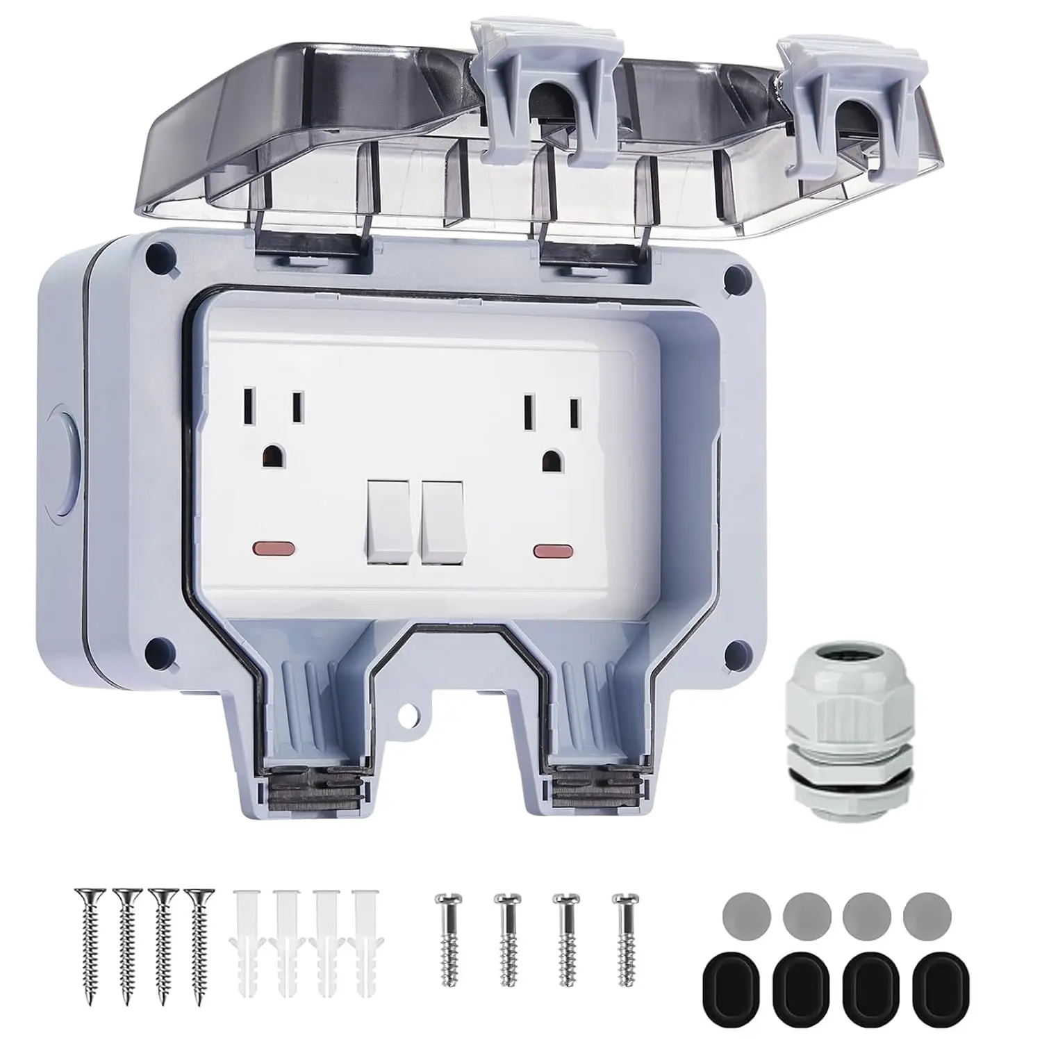 15 Amp Outlet Box with On/Off Switch and Indicator Light, 125 Volt NEMA 5-15 Duplex Receptacle, Grounding, IP66 Waterproof Wall, and Tamper Resistant