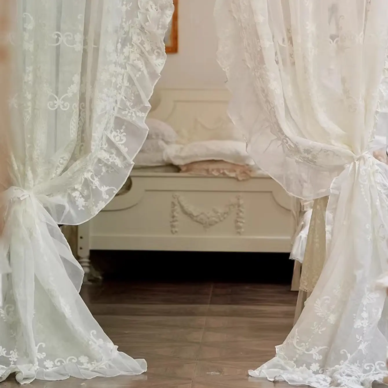 French Vintage European Embroidered Lace Ruffle Home Decoration Curtain, Bedroom Living Room Balcony Drapes, Home Decorative Curtain, 1pc Elegant Window Shade