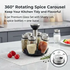 360 Degree Rotating Seasoning Bottle Set with Base, 6 Glass Containers for Salt, Pepper, Spices, Kitchen Storage Organizer