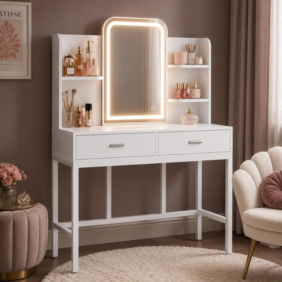 Small Vanity Desk with Mirror,Wood Vanity Makeup Desk with LED Lights,Modern Vanity Para Mujer for Small Space,Bedroom