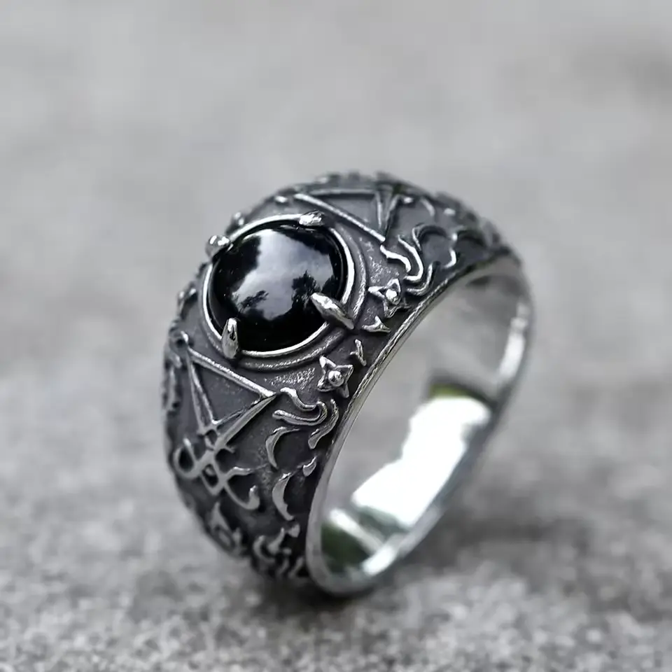 New Design Lucifer Satan Signet Ring for Men with Black Stone Stainless Steel Vintage Jewelry Gift Unique Edgy Fashion Accessory