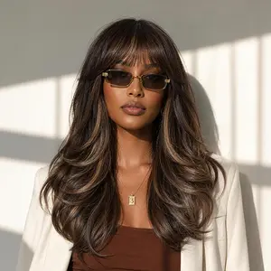 [New Arrival] Frodio Veralux™ Blend Human Hair Feathered Layers with Bangs 20 Inches Brown Highlighted Wig | Wear & Go, Glueless, Soft Bangs, Face-Framing Layers
