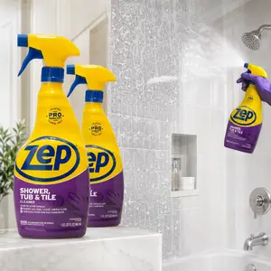 ZEP 32 oz Shower Tub and Tile Cleaner, pro bathroom descaler spray, removes soap scum, mineral deposits, hard water buildup, shower walls, tub surrounds, ceramic tile, glass doors, chrome fixtures, porcelain sinks, fiberglass tubs, no-scrub, fresh scent s