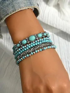 Boho Style Turquoise Decorated Bracelet Set, Vintage Trendy Elastic Bracelet, Fashionable Jewelry for Women & Men, Trendy All-match & Exquisite Jewelry for Birthday Gift