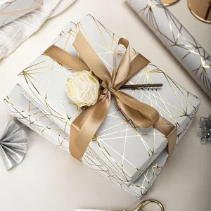 Mini Wrapping Paper Roll-17inch x 16.5ft Embossing 3D White with Gold Foil Geometric Design for Christmas, Birthday, Wedding, Baby Shower, Bridal Shower, Party