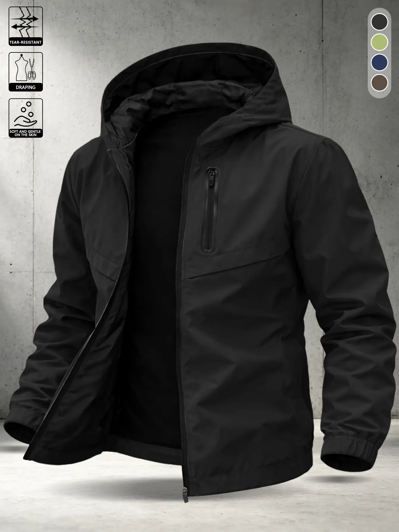 Men’s spring/autumn transitional basic hooded zip jacket made from breathable woven fabric, featuring a slim straight fit and minimalist design. Versatile casual piece suitable for campus outings, strolling around commercial areas, and nearby leisure walk