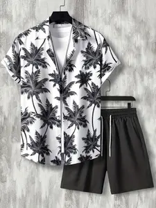 2 sets of men's summer suits (Hawaiian style), with coconut tree patterns printed all over the suits. They include a short-sleeved button-down shirt and a plain-colored waist-length shorts with pockets, in a loose fit.