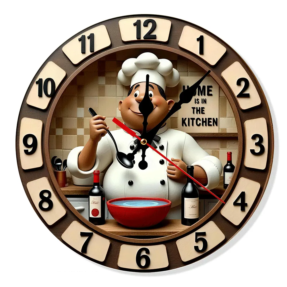 Chef Round Analog Wall Clock - 10/12 in Silent Non-Ticking Rustic Battery-Operated Timekeeping Home Decor, Room Decor for Kitchen, Dining Room