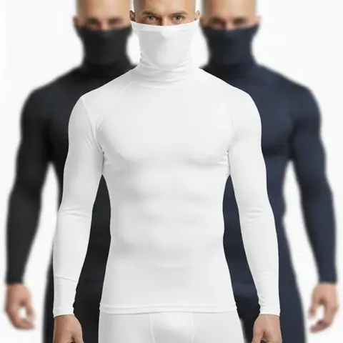 High Level HL Men's High-Neck Thermal Compression Long-Sleeve Plain T-Shirt with Face Cover Option - All-Season Athletic Fitted Activewear (Black, Grey, White, Navy)