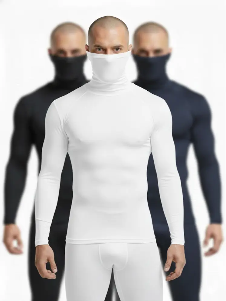 Men's High Neck Compression Long Sleeve Shirt by High Level HL with Face Mask Turtle neck in Black Grey White All Season, Navy, Thermal