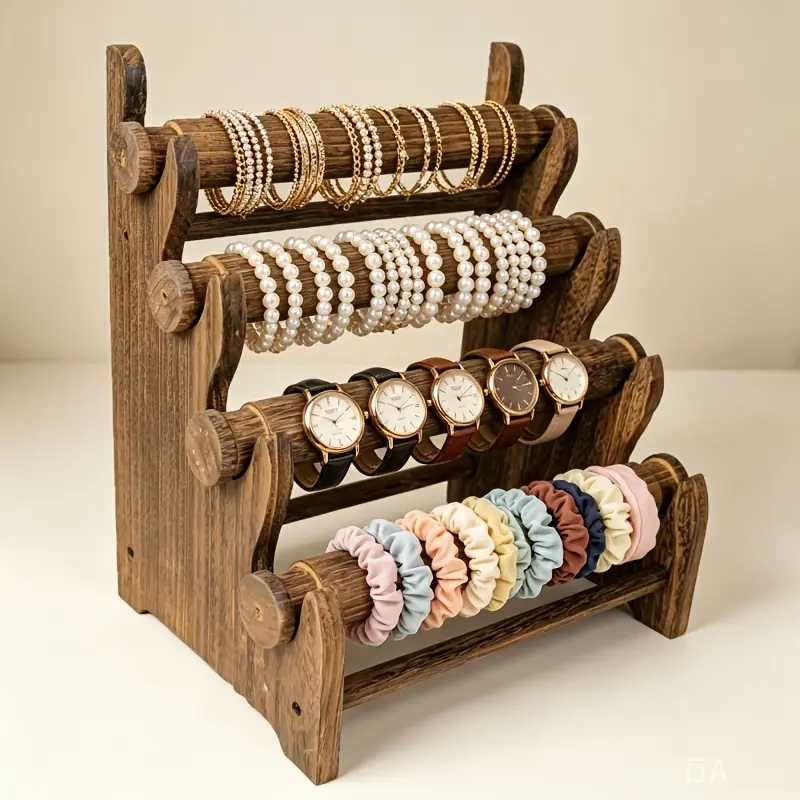 PABHAN 4-Tier Wooden Bar Jewelry Display Rack Storage Unit - Versatile Storage Organizer for Bracelets, Bangles, Watches, Easy Assembly, Ideal Mother's Day Gift
