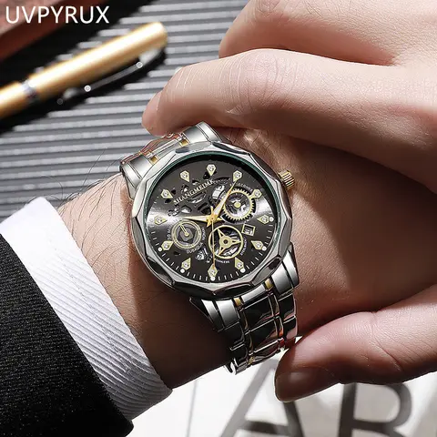 UVPYRUX Premium Quartz Digital Men's Wristwatch - Solid Stainless Steel Metal Case, Waterproof, Luminous Round Face, Casual Business Watches, Men's Accessories, Gift-Ready for Valentine’s Day & Father’s Day