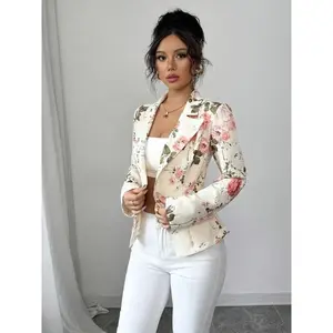 Elegant Floral Print Women's Blazer Jacket, Short Sleeve X-Cut Design with Pockets, All-Season Wear
