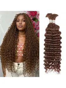 12A Human Braiding Hair Curly Hair Extensions For Boho Braids 14-28 Inch Chocolate Brown Curly Boho Hair Boho Curly Ends For Braiding Knotless Deep Wave Bulk Bohemian 2 Bundles/Pack Color 4# Halloween Wigs