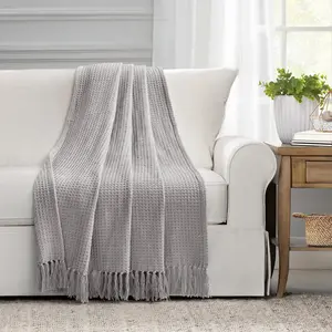 Lush Decor Waffle Cotton Knit Tassel Fringe Throw - Textured Knit Design, Perfect for Cuddling, Soft and Cozy for Home Decor