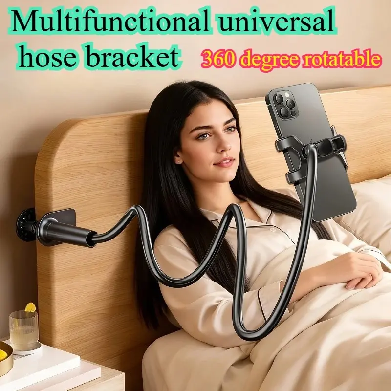 New 360-Degree Universal Flexible Tube Stand, Stable Cell Phone Holder for Bed, Adjustable Angle, Clip Design, 70cm Length, Simple Style, Solid Color