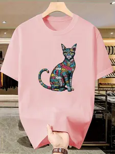 Artistic Word Puzzle Cat Short Sleeve T-Shirt, Summer Slim Fit Casual Top, Boys' Fashionable Tee, Unique Design, Cool Look