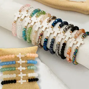 17pcs Vintage Elegant Colored Glass Beaded Cross Bracelet Set | Teenager'S Elastic Stacking Bracelet Jewelry, Suitable for Daily Wear, Ideal for Gifts for Family and Friends, For Teenager