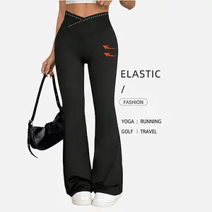 Lady's high-waisted high-waist flared pants, solid-colored full-length yoga cone-shaped tight pants, elastic and soft flared pants, high-waisted slim-fit casual sport pants. Suitable for daily exercise and outdoor wear. Bottoms
