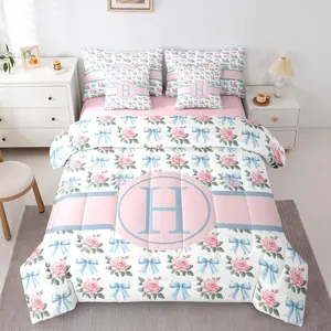 Bowknot 7 Piece Bedding Set,Initial Letter H Comforter Set with Sheets Simple Alphabet Romantic Rose Bed in a Bag Coquette Bow Florals for Kids Girls Women
