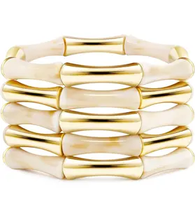 Gold Tube Bangle  for Women Stackable Bamboo Chunky Acrylic Beads Stretch Friendship Summer Beach  Jewelry outdoorfun