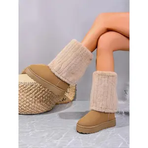 New Fall Winter Mid-Calf Thick Sole Snow Boots for Women, Fleece Lined Warm Fur Boot Socks, Plus Size 44, Comfortable and Stylish