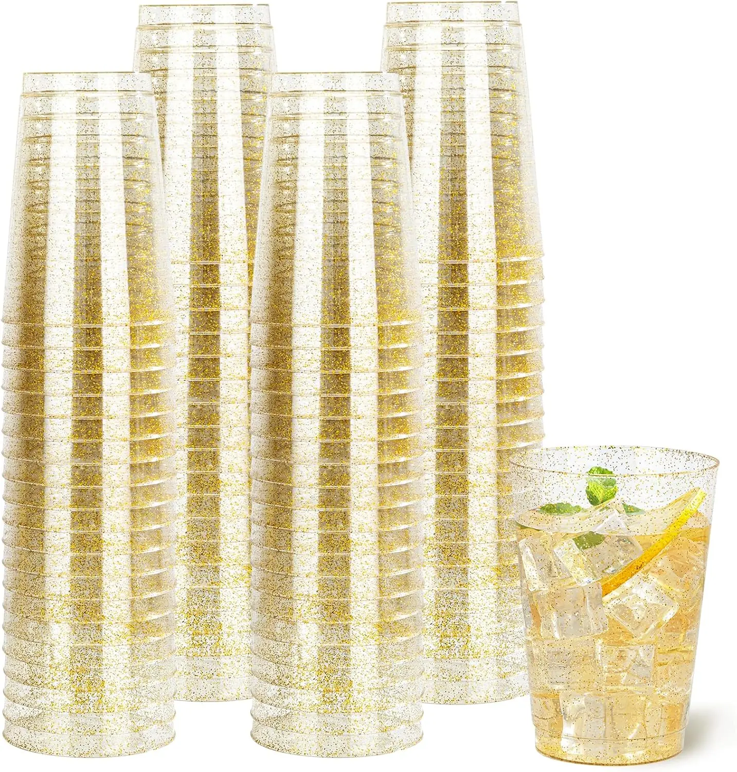 I00000 100 Pack 12 oz Gold Glitter Cups, Gold Glitter Disposable Cups, Gold Plastic Wine Glasses Plastic Cocktail Glasses Heavy Duty Cups, 12 Ounce Gold Glitter Plastic Tumblers For Party