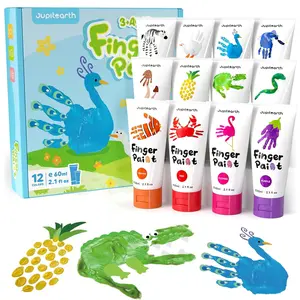 27 PCS Finger Paint, Washable Paint for Todllers 1-3, Non-Toxic 12 Vibrant Colors (2.1fl oz/60ml )(1.22fl oz/36ml ) , Palette, Apron, Brush, Eye Stickers, Baby Safe Paints for Hand and Feet, Safe Preschool for Kids Gift/Art/School Supplies, back to school
