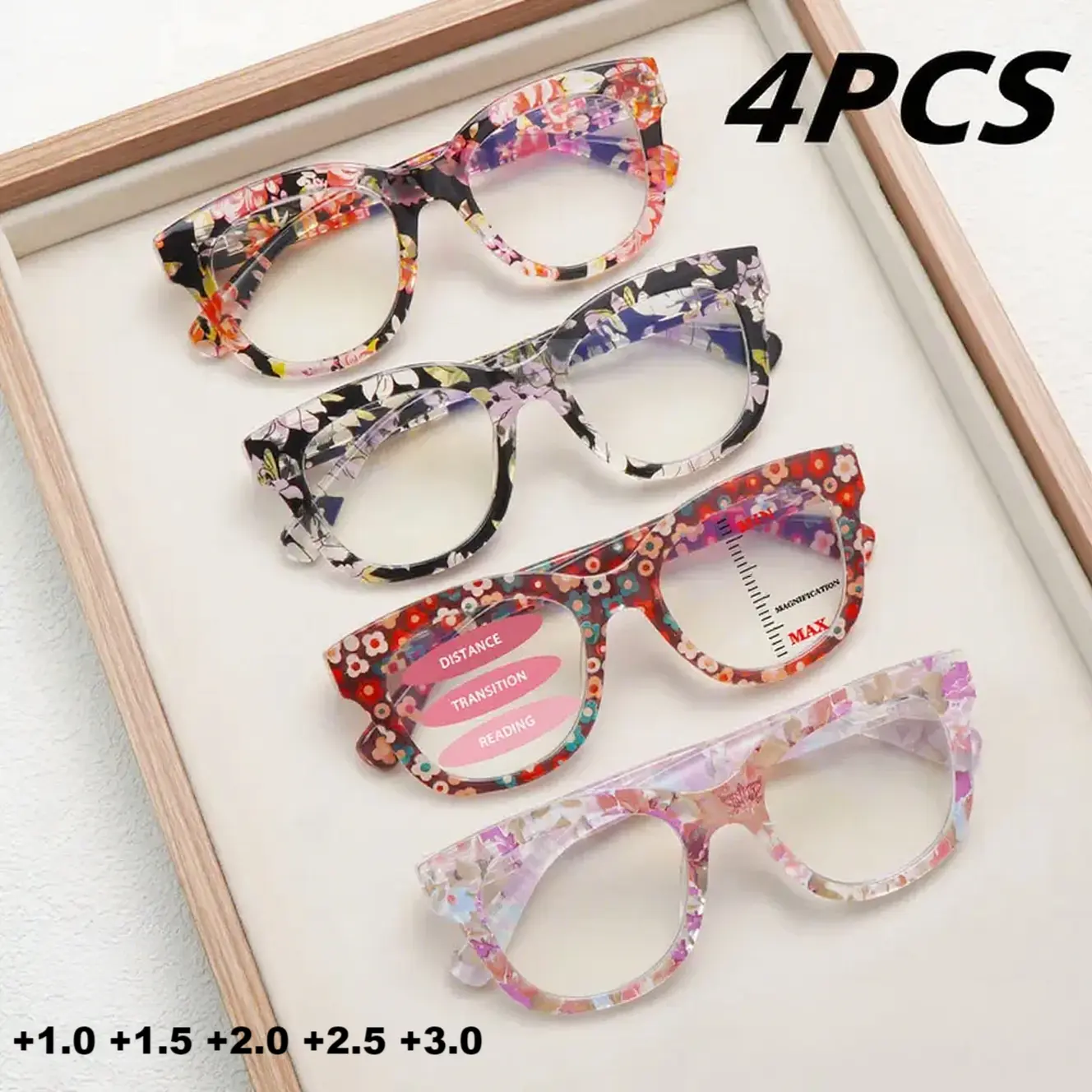 4 Pack Progressive Multifocal Reading Glasses Women Anti Blue Light Computer Reader Spring Hinges Oversized Frame Floral Pattern Eyeglasses Mix Color