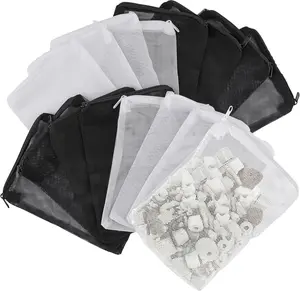 16 Pcs Aquarium Filter Media Bags Extra Fine, 7.8 x 5.9 Inch Filter Media Bag with Zipper, White & Black Aquarium Mesh Bag for Fish Tank Activated Carbon, Ceramic Rings