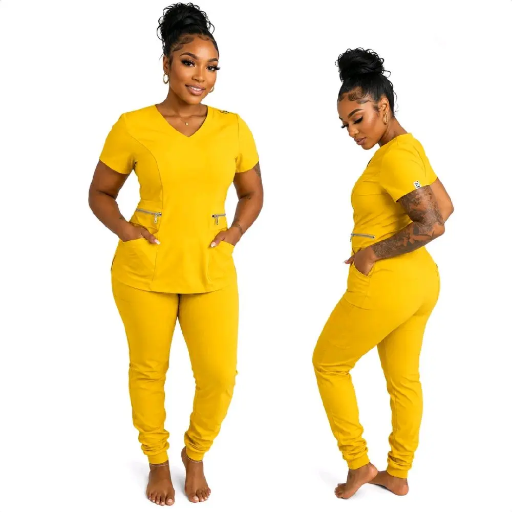 Women's HEART ALIGN Summer Yellow Scrunch Scrub Set, Short-Sleeve Uniform Pant Set Workwear Clothes