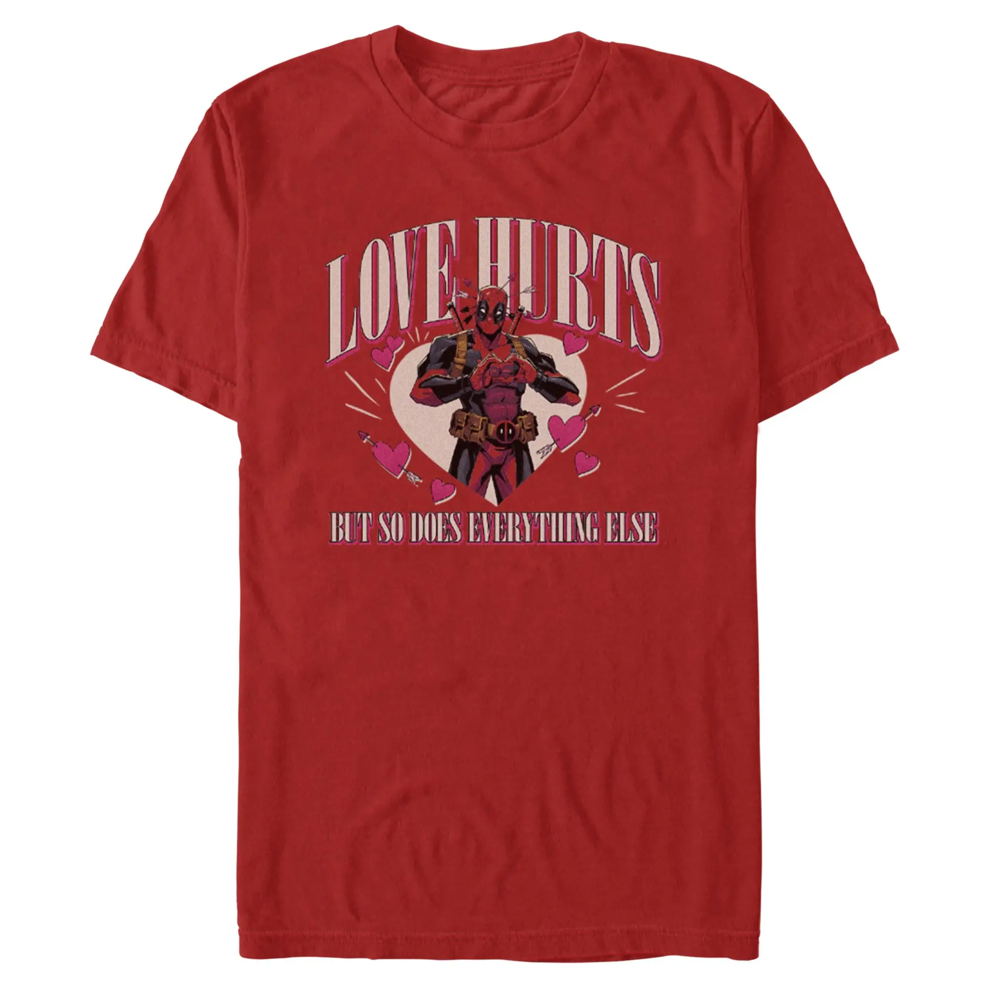 Men's Marvel Deadpool "Love Hurts and Everything Else" Short-Sleeve T-Shirt, Casual Streetwear Top with Heart Graphic