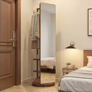 360° rotating, multifunctional, full-length mirror with hook, storage rack, coat rack, with mirror, solid wood floor mirror, bedroom, living room, cloakroom, space saving,