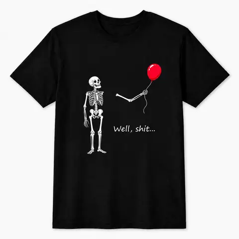 Funny Skeleton Balloon Shirt, Dark Humor Graphic Tee, Halloween Style Black Short Sleeve  Blend Top, Skeleton Gift Shirt