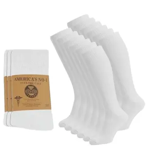 DIAMOND STAR 6 Pairs White Diabetic Socks Over The Calf - Knee High Premium Cotton Socks Men's Big & Tall Size 13-16. Casual Elastic