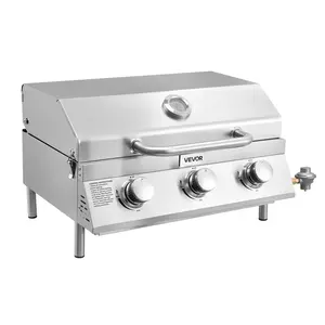 VEVOR Tabletop Gas Grill, 3-Burner Stainless Steel Portable Propane Grill, with Built-in Thermometer, Travel Locks, Weatherproof Lid, 22,500 BTU Total, for Outdoor Cooking, Patio, Party, Camping, RV