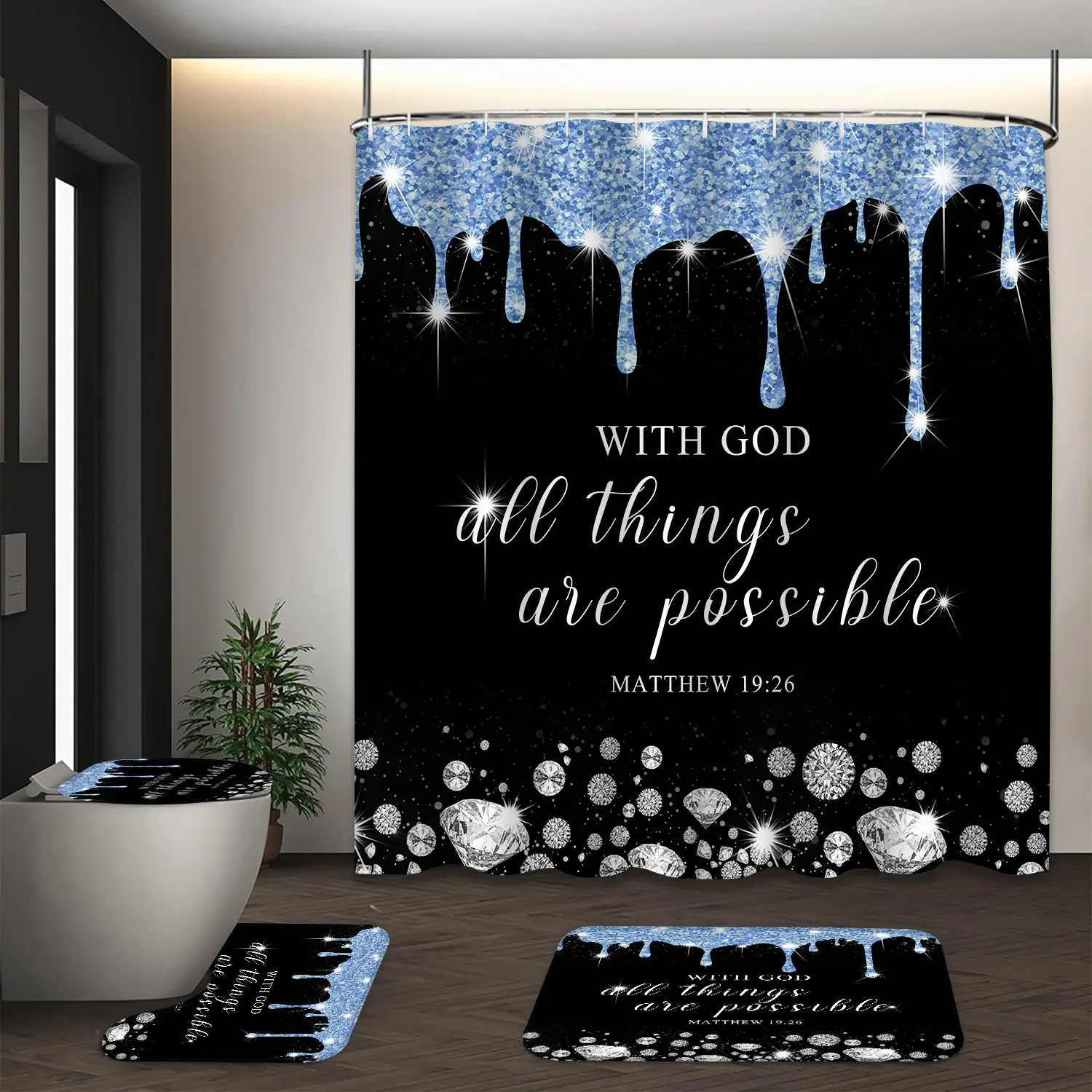 LVRLVR 4Pcs With God All Things Are Possible Bible Verse Diamond Drip Print Luxury Black Bathroom Decor Curtain Shower Curtain Set 70.8×70.8 Inch