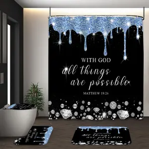 LVRLVR 4Pcs With God All Things Are Possible Bible Verse Diamond Drip Print Luxury Black Bathroom Curtain Shower Curtain Set 70.8×70.8 Inch