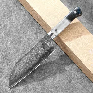 Yuanren AS IS SALE Tsuchime 7'' Santoku Knife W61F Damascus Stainless Powder Steel 61 Layers Hammer Forge Resin Stabilized Burled Wood Handle Dora's Kitchen
