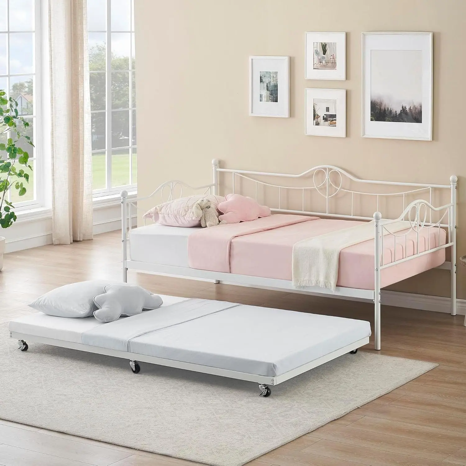 2-in-1 Convertible Twin Metal Daybed with Heart-Headboard, Heavy-Duty Steel Frame Pull-Out Bed, 6 Smooth 360° Wheeled Design, Compact Small Space Solutions for Living Room & Bedroom Furniture (Assembly Required, Free Replacement Parts)