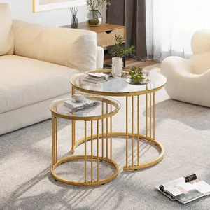 Nesting  , 23.6" Round   Set Of 2, Glass Nesting  With Metal Frame, Ceter  For Living Room Bedroom Balcony coffee Adjustable Mobile Standing Desk Wheels Pink Tall Nightstand Bookshelf Marble Dining Table Extendable Power Outlet High