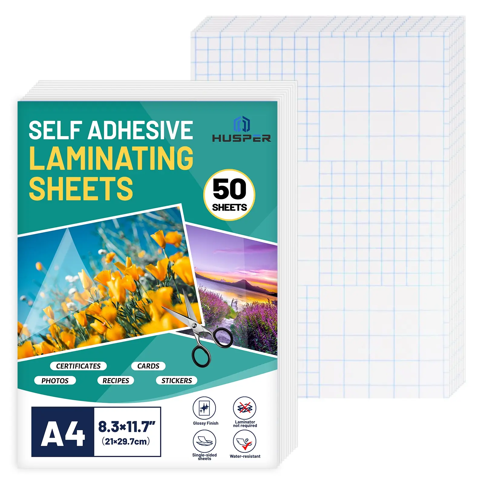 50 Pack Clear Glossy Finish Self-Adhesive Laminating Sheets - Economical A4 (8.3x11.7 Inch) - No Machine Required - Waterproof Photo Laminating - Self Adhesive Sheets for Photos, Documents & Menu Protectors with Durability and Protection