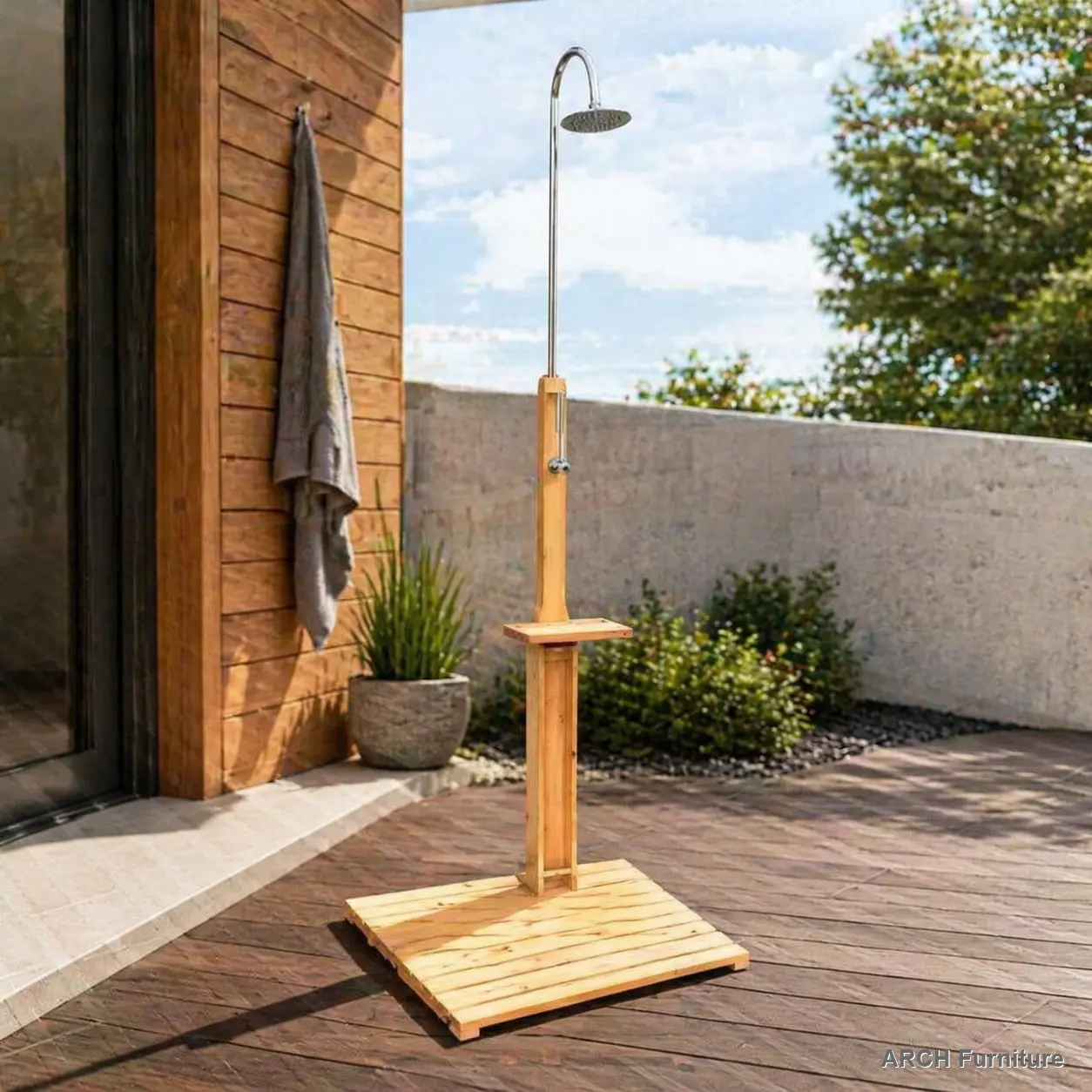 Teakmain Wooden Adjustable-Flow Garden Shower with Chassis Board, Storage Hole, Shampoo Compatibility & Water Resistance, Perfect for Swimming Pool, Patio Bathroom Fixtures