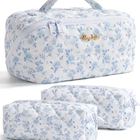 (Auction)Bagstellar Women's 3-Piece Waterproof Travel Cosmetic Bag Set, High-Capacity Puffy Toiletry Organizer with Transparent Divider, Open-Flat Quilted Makeup Organizer Pouches, Portable Floral Storage Bags for Skincare Essentials (Auction)