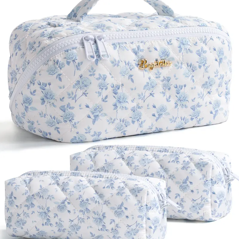 (Auction)Bagstellar Women's 3-Piece Waterproof Travel Cosmetic Bag Set, High-Capacity Puffy Toiletry Organizer with Transparent Divider, Open-Flat Quilted Makeup Organizer Pouches, Portable Floral Storage Bags for Skincare Essentials (Auction)