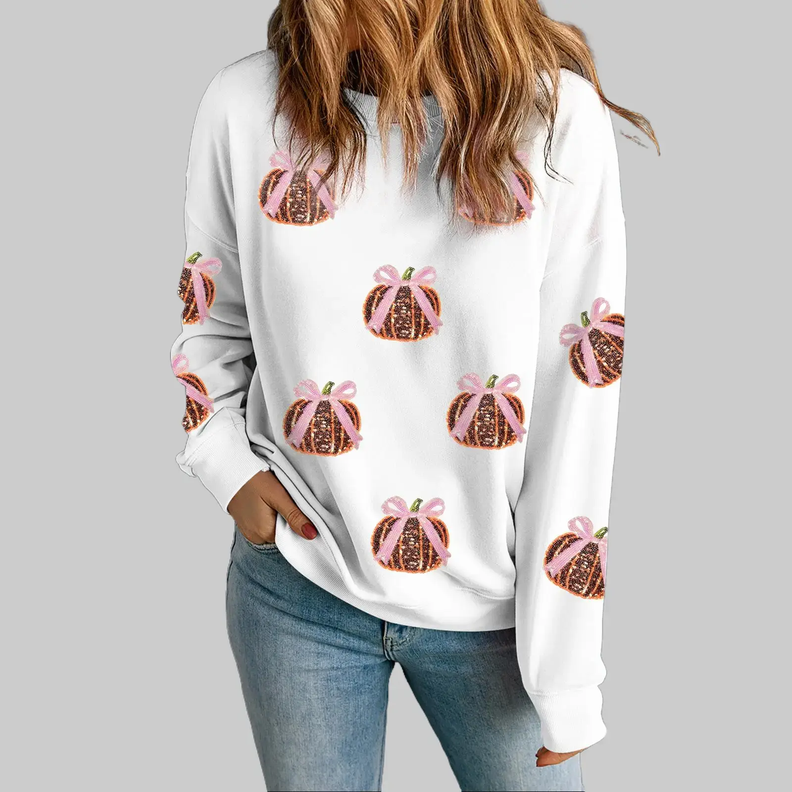 S-2XL 50%Cotton Women’s White Glitter Sparkly Sequin Bow Pumpkin-Patched Cotton-Blend Baggy Sweatshirt, Halloween-Style Top for Pairing with Jeans & Leggings, Casual, Comfortable, Long Sleeve, Round Neck