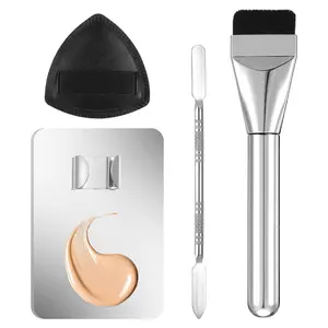 4-Piece Makeup Mixing Palette Set with Spatula & Tray – Foundation Mixing Tool Kit with Puff & Brush for Cosmetic Blending, Face Makeup Accessories for Women & Girls