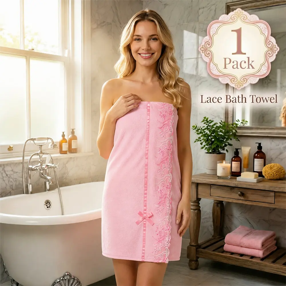 1pc Floral Lace Bath Towel - Cozy, Lightweight, Skin-Friendly Blush Pink Towel with Bowknot, Water Absorbent Premium Quick-Drying Bath Essential - Ideal for Home Bathroom, Spa, Absorbent Bath Towels
