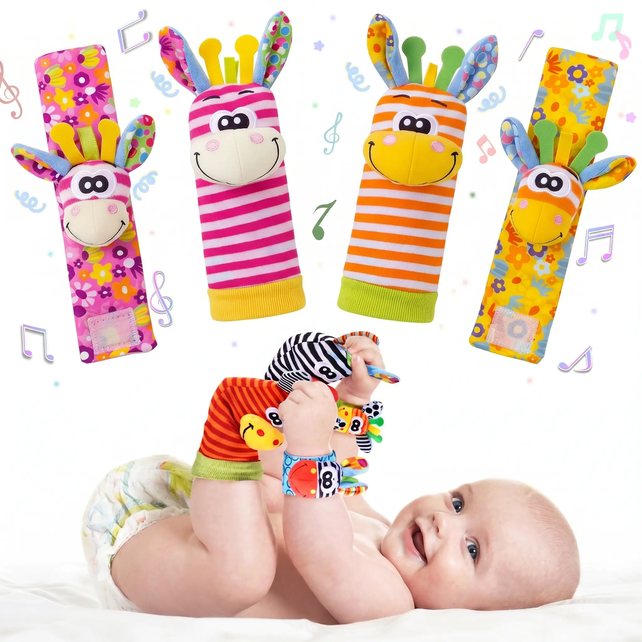 Baby Sensory Rattle Socks & Wrist Finders Set - Soft Plush Developmental Prop, Safe Toys for 0-12 Months Newborn Infants, Baby Shower Gifts for Boys Girls, Plush Softness, Safe Materials, No Warning Applicable, All Seasons, Cute Socks, Ankle Socks