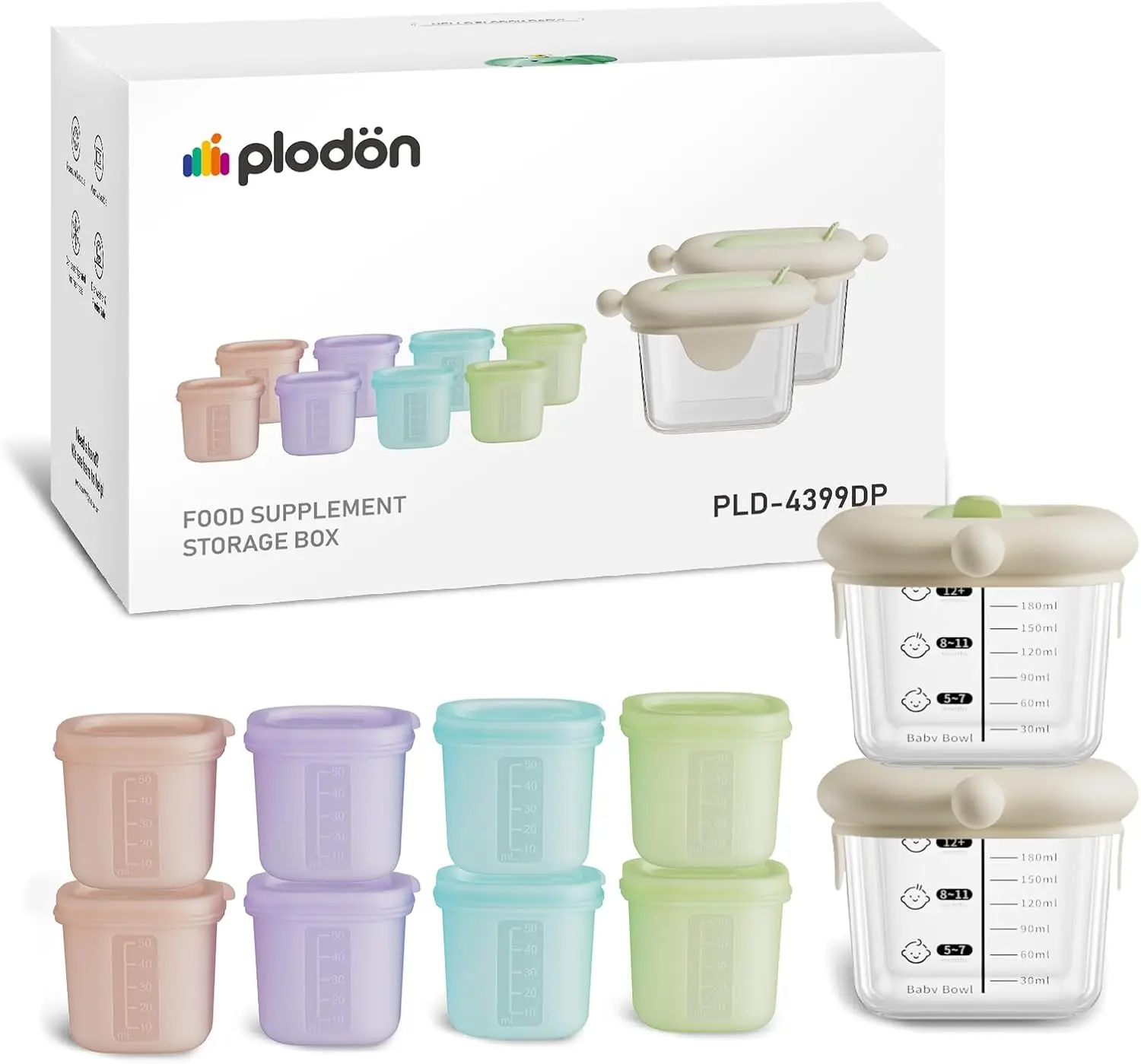 Plodon Baby Food Storage Containers Set, 8 Airtight Silicone Cups (1.7oz) and 2 Glass Jars (7oz) Baby Food Jars with Lids, Baby Essentials，BPA-Free，Reusable Small Containers, Microwave Dishwasher Freezer Safe